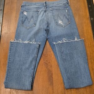 MOTHER Blue Distressed Wide Leg Jeans, RUNAWAY FRAY, HEARTBREAKER, 30